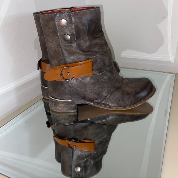 Gray Vegan Leather Moto Boots Styled w/Strap & Buckle by Lala Ikai - Picture 10 of 14